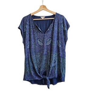 Lucky Brand Paisley Knot-Front Blouse, Cap Sleeve, V-Neck, Blue/Purple, XL